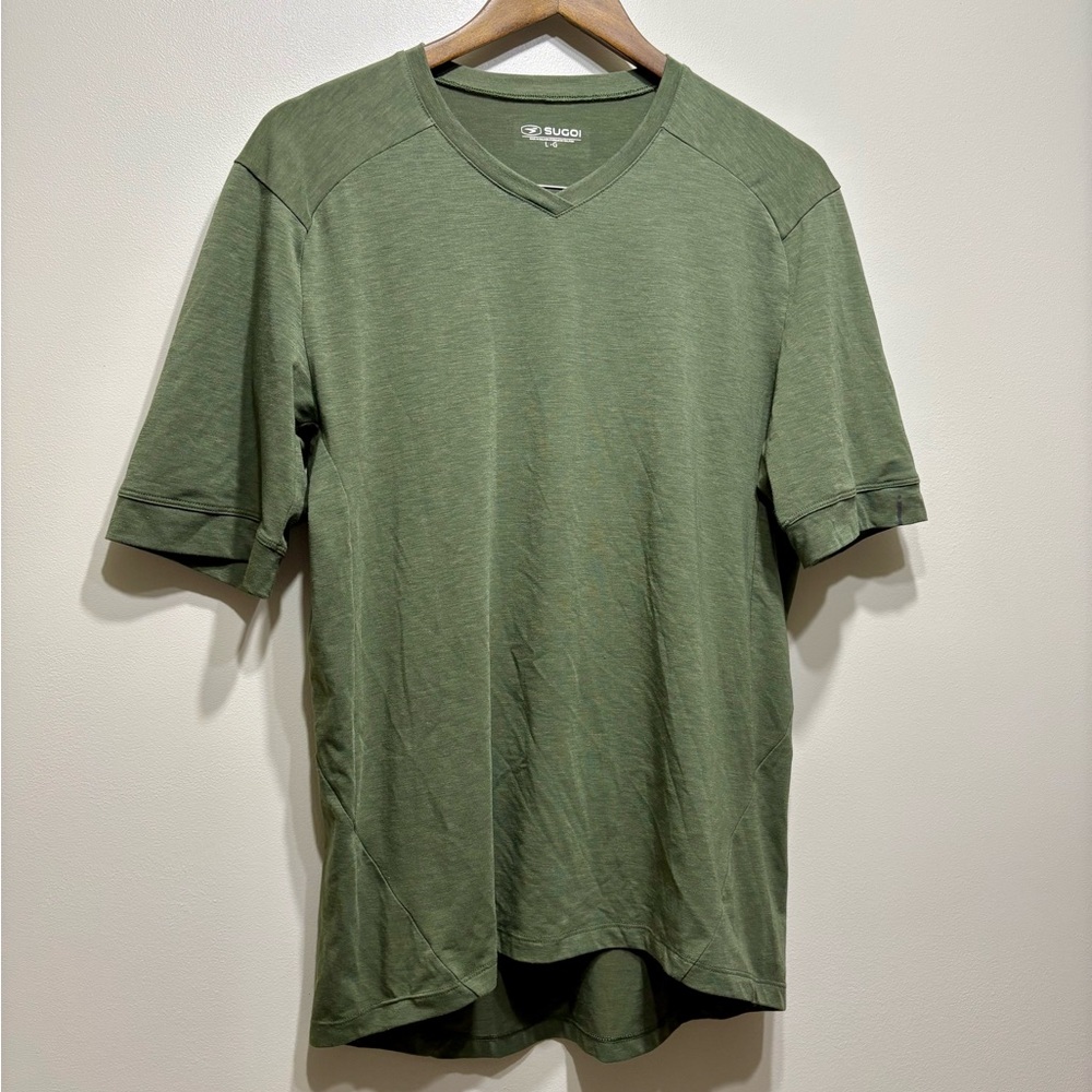 SUGOI Wool Sporty Workout Soft Stretchy V-neck Short Sleeve Tee Shirt Top Green